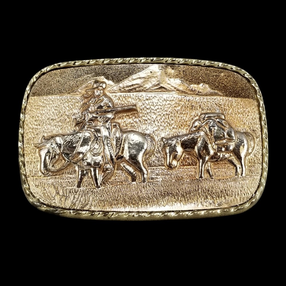 Vintage Western Cowboy Horse Pack Mule Mountain Scene Gold‎ Tone Belt Buckle